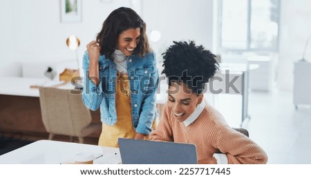 High five, laptop or happy employees with success in celebration of digital marketing SEO goals or kpi target. Bonus, wow or excited black woman or girl winner celebrate winning, email or good news Royalty-Free Stock Photo #2257717445