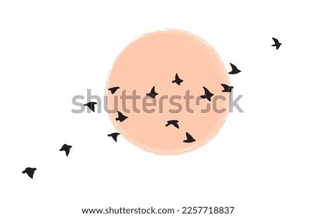 Birds group flying against the sun or moon. Bird flock silhouette at dawn or sunset isolated on white background. Vector minimalistic illustration.