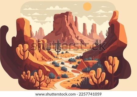 illustration of grand canyon. Desert landscape with mountains and river. in flat style Vector  Royalty-Free Stock Photo #2257741059
