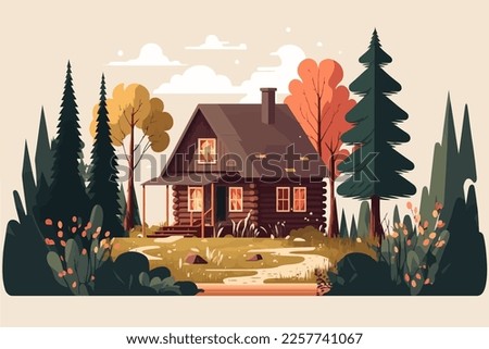  wood cabin. Wooden house in the forest. Vector illustration in cartoon style. Royalty-Free Stock Photo #2257741067