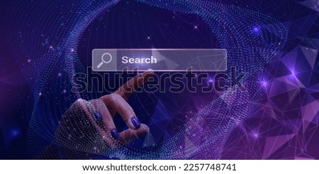 Hand points to the virtual search bar on abstract purple wave background. Data search technology, search engine optimization, online business.