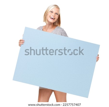 Mockup, billboard and woman with poster marketing, advertising and branding for sale, deal or giveaway. Portrait, blonde and female showing brand on a board isolated in a studio white background
