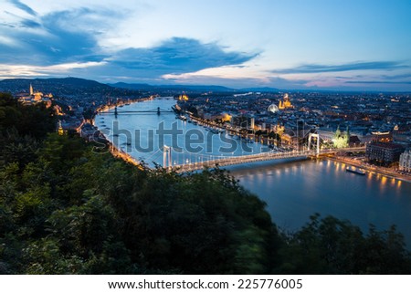 Aerial evening view of Budapest and the Danube river from Gellert hill 