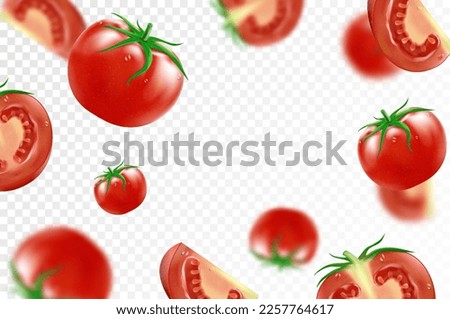 Tomato background. Falling fresh ripe tomatoes, isolated on transparent background. Selective focus. Flying defocusing red tomato. Applicable for ketchup, juice advertising. Realistic 3d vector Royalty-Free Stock Photo #2257764617