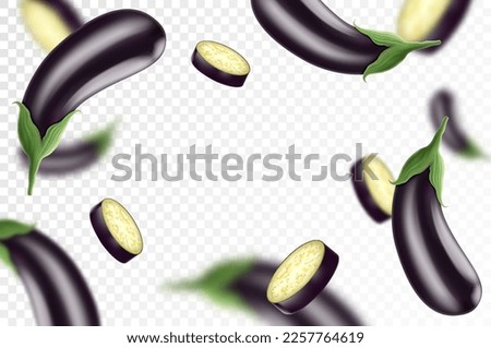 Falling eggplant isolated on transparent background. Flying whole and sliced eggplants vegetable with blurry effect. Can be used for advertising, packaging, banner, poster, print. Realistic 3d vector  Royalty-Free Stock Photo #2257764619