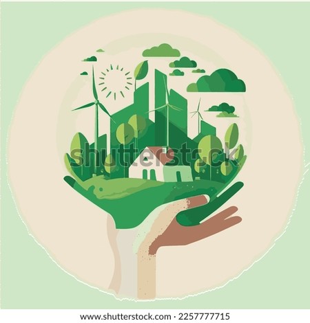 Ecological concept with green city on hand, green eco city, vector illustration 1