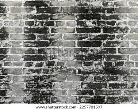 Old brick wall background vintage. Textured brick dirty wall. Black and white abstract raw patterns background with moss. Moss walls