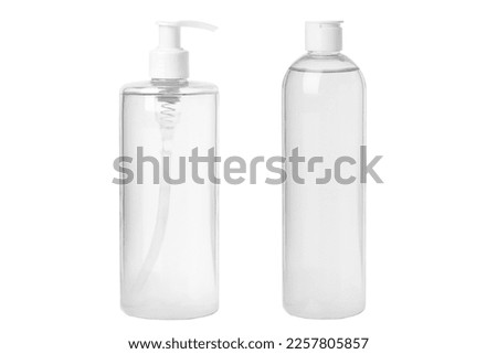 Set. Moisturizing toner, serum, micellar water isolated on white background. Transparent cosmetic bottles. With dispenser Royalty-Free Stock Photo #2257805857