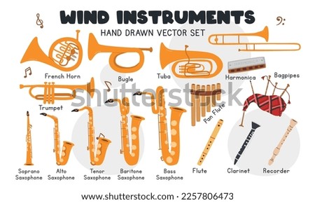 Wind instruments vector set. Simple cute trumpet, bugle, trombone, tuba, saxophone, french horn, clarinet, recorder, bagpipes clipart cartoon style. Wind instrument trumpet hand drawn doodle style Royalty-Free Stock Photo #2257806473