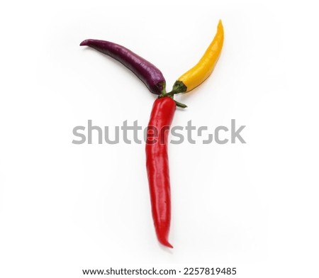 Letter Y is made from red-purple and yellow chili peppers alphabetic ABC letters made of chilies, and peppers for texts, encyclopedias, and artificial words related to vegan or a vegan month of January