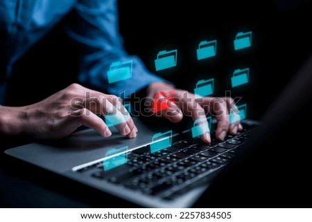 Virus folder icon. Malware alert on laptop. Icon Folder red on laptop virtual screen hologram technology theme, format, software, Spam file. Red file danger, Danger file with red folder