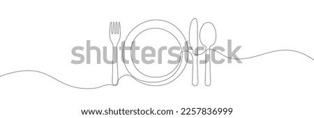 One continuous line of plate, knife, spoon and fork. hand drawn. Vector illustration Royalty-Free Stock Photo #2257836999