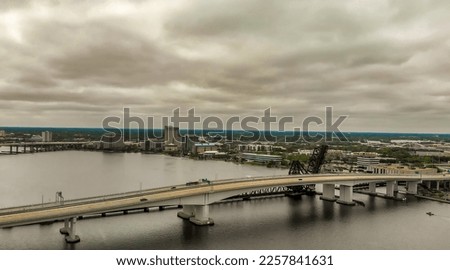 Aerial view of Jacksonville skyline from drone viewpoint, Florida.