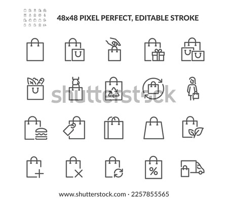Simple Set of Shopping Bag Related Vector Line Icons. 
Contains such Icons as Groceries, Present, Food Delivery and more. Editable Stroke. 48x48 Pixel Perfect. Royalty-Free Stock Photo #2257855565