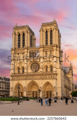 Notre Dame de Paris cathedral at sunset, France Royalty-Free Stock Photo #2257860643