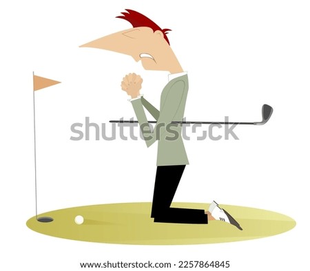 Young golfer man on the golf course. 
Young golfer man kneeling and praying for good shot
