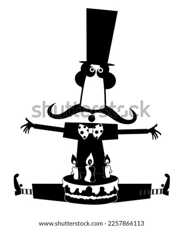 Cartoon man holds a cake with candles. 
Funny long mustache man in the top hat holding a cake with candles black on white
