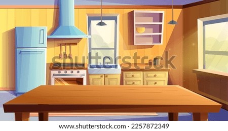 Vector cartoon style illustration of kitchen room. Dining room with dining wooden table. Fridge, oven with a stove and hob, sink, kabinets and extractor hood. Royalty-Free Stock Photo #2257872349