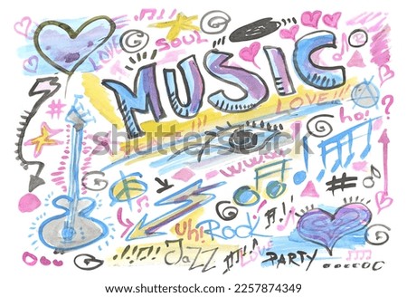 Doodle music, set brush stroke watercolor isolated on white