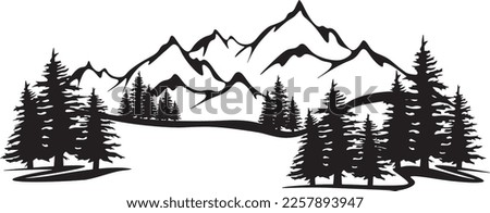Black silhouette of mountains and forest fir trees camping landscape panorama illustration icon vector for logo, isolated on white background