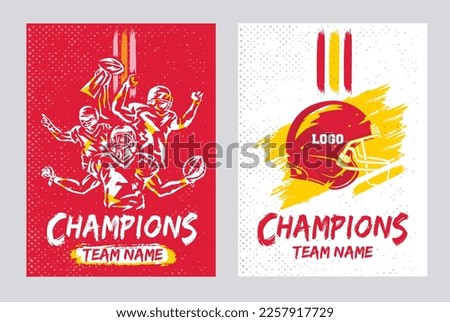 VECTORS. Poster templates for an American Football Team. Champions, Super Bowl, winners. Colors: red, yellow, white. Game Day, trophy, invitation, flyer, ad, watch party, graffiti, helmet, celebrating Royalty-Free Stock Photo #2257917729