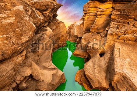 beautiful nature landscape in the canyon. summer landscape in colorful nature scenery. Water view in the valley in the mountain. Tasyaran canyon travel in the stunning valley. Colorful Turkey trip.