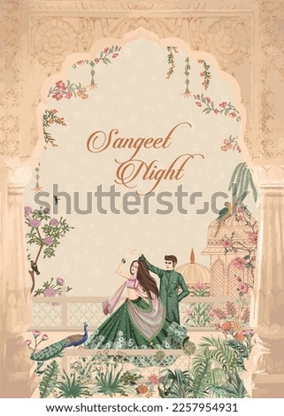 Mughal Wedding Invitation Card. Sangeet night invitation card design for printing vector illustration. Royalty-Free Stock Photo #2257954931