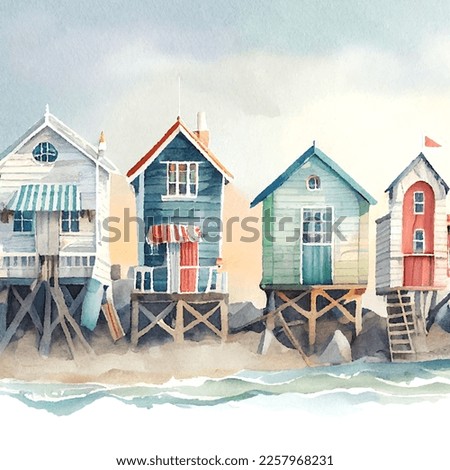 Summer houses at the ocean beach watercolor illustration, cartoon vector drawing of wooden huts for travelers on vacation at the sand sea coast Royalty-Free Stock Photo #2257968231