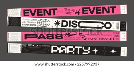 Control ticket bracelets for events, disco, festival, fan zone, party, staff. Vector mockup of a festival bracelet in a futuristic style Royalty-Free Stock Photo #2257992937