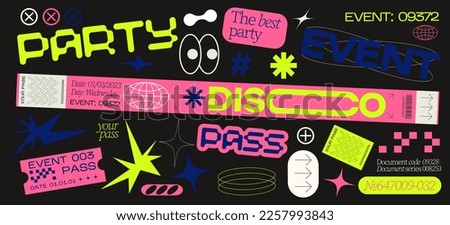 Collection of various for party patches , labels, tags, stickers,tickets bracelet stamps in retro style. Stickers in funky hipster futuristic style in 90s style. Vector set, trendy promo labels Royalty-Free Stock Photo #2257993843