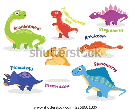 colorful dinosaur collections in cartoon style T-rex, stegosaurus, ankylosaur, spinosaurus, pteranodon, triceratops, brontosaurus vector illustrations EPS10 Royalty-Free Stock Photo #2258001839