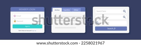 Login, search box bar menu vector, tabs navigation ui ux web site layout template design elements for mobile app, log in sidebar sidebox interface graphic image dark blue  Royalty-Free Stock Photo #2258021967