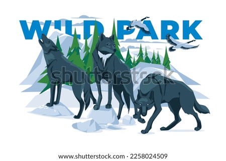 Wild wolves on the background of a mountain forest. Fauna National Park and Zoo Travel. Birds fly. Isolated on white background. Vector flat illustration