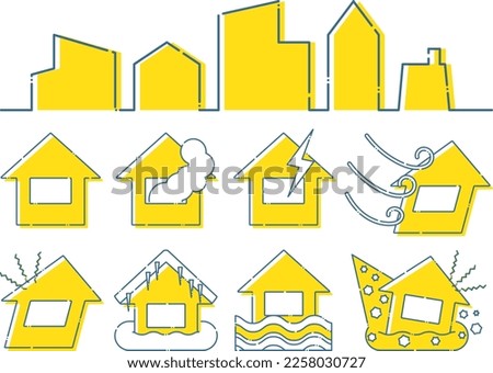 Illustration set of blue dashed line and yellow natural disaster house