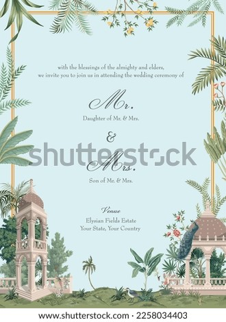 Mughal garden wedding invitation card design. Tropical trees, flowers, peacock, bird elements for invitation card design. Royalty-Free Stock Photo #2258034403