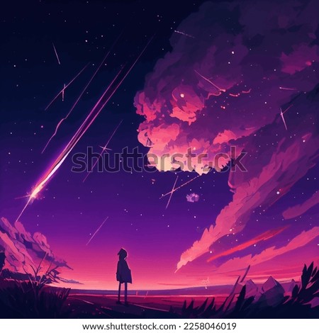 Fiery sky with a falling meteorite. Anime girl silhouette.