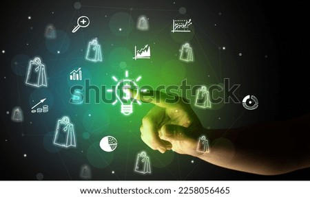 Businessman finger touching on screen multimedia interface with hand drawn currency icons