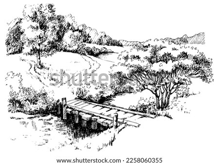 Green grass field on small hills. Meadow, alkali, lye, grassland, pommel, lea, pasturage, farm. Rural scenery landscape panorama of countryside pastures. Vector sketch illustration
 Royalty-Free Stock Photo #2258060355