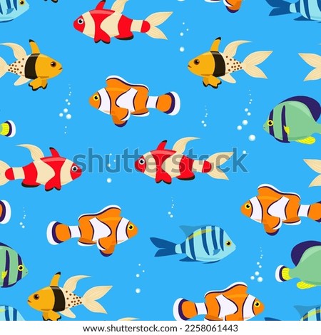 Exotic bright fish seamless pattern. Vector marine fish in flat style. Marine life.