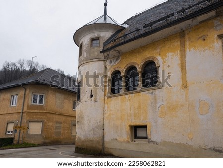 The historic Pustal Castle in Skofja Loka in Gorenjska, Slovenia. Called Pustalski Grad in Slovenian, it is a renaissance mansion from around 1220 with a round corner tower