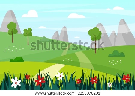 Nature farm landscape. Scenic sky and grass lawn. Summer hills and fields in countryside. Meadow or garden scenery. Panorama with mountains and path. Vector cartoon garish background