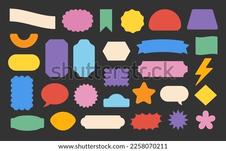 Pop sticker design, graphic patch. Abstract label or logo, hippie modern elements, colorful fashion packaging badge. Geometric forms, frames different shapes. Vector design utter illustration Royalty-Free Stock Photo #2258070211