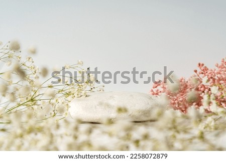 Beauty, cosmetic or perfume product presentation scene made with stone and wild summer flowers.