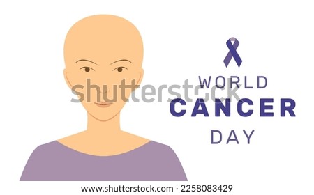 Vector illustration of World cancer day with purple ribbon and cartoon hairless woman