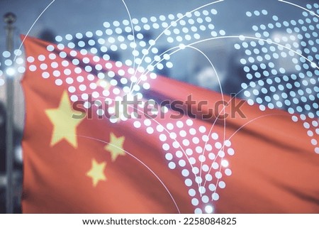 Abstract virtual world map with connections on Chinese flag and city background, international trading concept. Multiexposure
