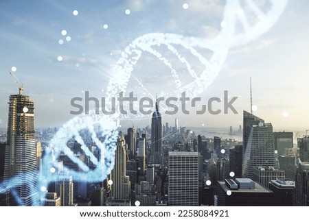 Virtual DNA symbol illustration on New York city skyline background. Genome research concept. Multiexposure