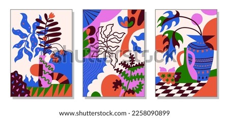 Modern paintings for the interior. Drawing style. Colorful illustrations of still lifes with flowers for covers, paintings. Interior painting. Flat design. Hand drawn fashion vector illustration. Royalty-Free Stock Photo #2258090899