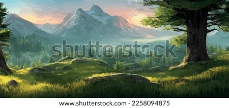 Vector horizontal landscape with fog, forest, mountains, morning sunlight. Illustration panoramic view, fogs silhouettes. Nice wallpaper, background, banner, cover, poster. natural clean landscape