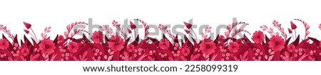 Floral Horizontal Seamless Background. Header or Cover Template, with Magenta Floral Arrangements. Blooming Flowers, Red and Pink Leaves and Hearts. Isolated vector clipart, illustration