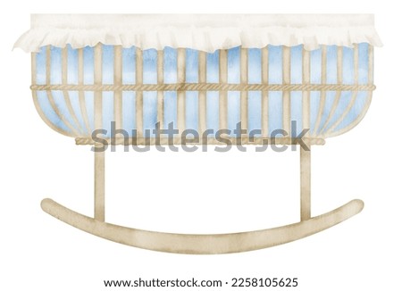 Watercolor Baby Cradle. Hand drawn illustration of Crib for Child on isolated background. Cot in cute pastel blue and beige colors. Bed for boy or girl. Sketch for newborn party in retro boho style.